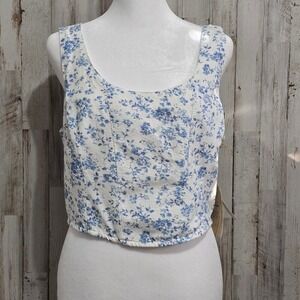 Midnight Sky Blue and White Linen Blend Floral Crop Top Size Extra Large XL
